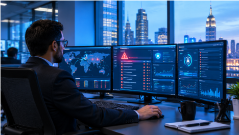 Full Scope IT Solutions analyst monitoring cybersecurity alerts for a Manhattan financial firm