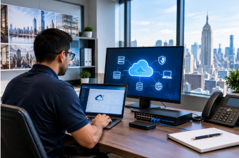 Full Scope IT Solutions technician setting up cloud services for a Manhattan real estate office